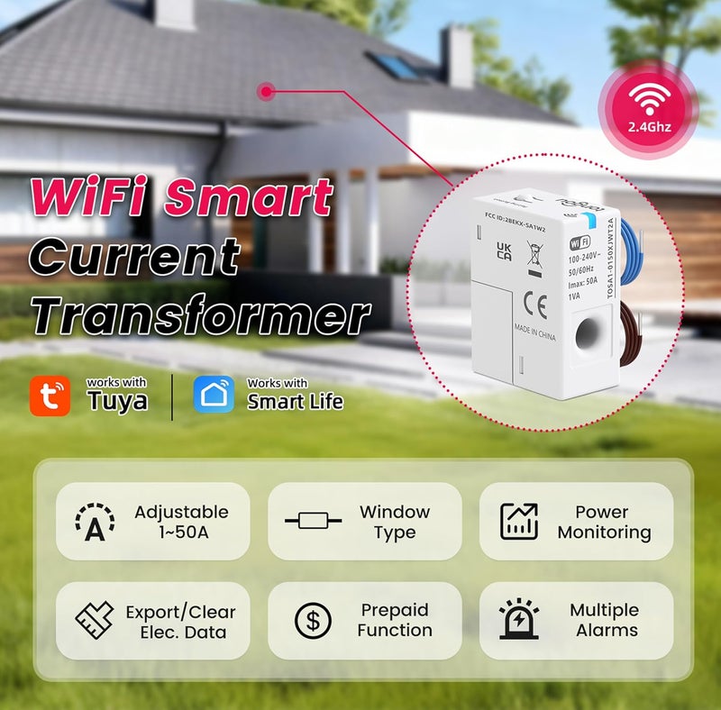 tongou محول تيار ذكي من نوع نافذة WiFi، 1-50A 100-240VAC، ملحق طاقة ذكي للمنزل، مع مراقبة الطاقة في Tuya/Smart Life، تصدير/بيانات الطاقة الواضحة، وظيفة إنذار، معتمد من FCC، 1 قطعة - Image 2